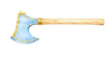 Fantasy battle axe with ice blade and golden trim, having a wooden handle, a magical rpg weapon icon for games