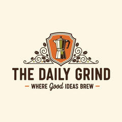 Obraz premium The Daily Grind coffee logo with moka pot and beans.