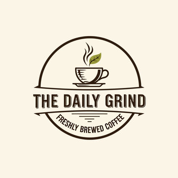 The Daily Grind Freshly Brewed Coffee Logo Emblem.