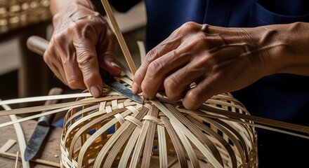 Close-up of skilled hands weaving a handcrafted basket from natural bamboo strips