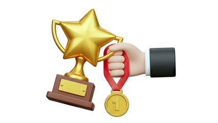 Hand Holding Gold Trophy and First Place Medal