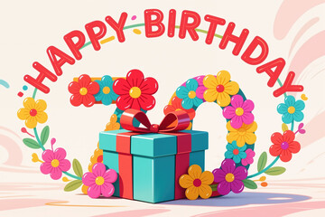 Vibrant digital illustration featuring a teal gift box with red ribbon, surrounded by flowers and Happy Birthday in bold red letters, on a soft pastel background.