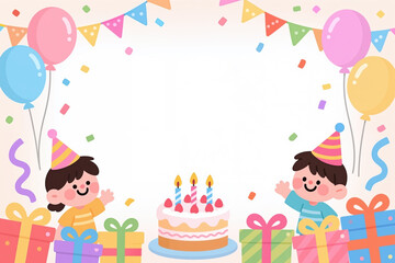 A cartoon illustration of two children wearing party hats, surrounded by colorful balloons, confetti, and gifts, with a cake in the center, in a playful and festive style.