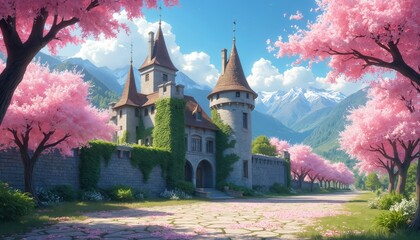 Naklejka premium Stone castle with turrets stands near blooming pink trees. Mountains rise in distance under bright blue sky. Green ivy covers castle walls. Pathway leads to castle entrance during spring season.