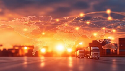 Trucks driving on the road with an illuminated world map and glowing connection lines, symbolizing global supply chain