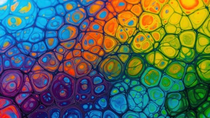 Experimental fluid art with silicone oil creating cell-like structures in vibrant acrylic paint pours.