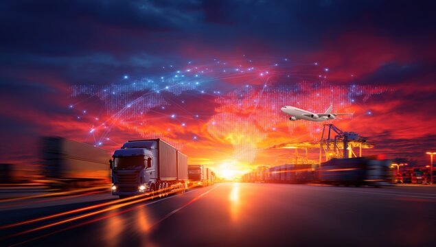 Trucks and airplane in motion with a digital world map overlay, representing global transportation and supply chain management - Powered by Adobe