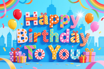 Vibrant digital illustration featuring Happy Birthday To You in playful, patterned letters, surrounded by balloons, gifts, and confetti against a bright blue cityscape background.