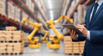 Businessman using tablet for logistics management, optimizing inventory and shipment processes with automation in a smart factory