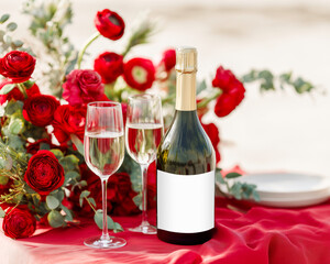 Sparkling wine bottle with blank label and flutes styled with red roses on a festive table