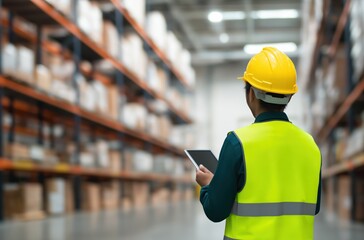 Logistics technician wearing hard hat and safety vest managing stock, conducting quality control, and organizing distribution using digital device