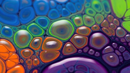 Experimental fluid art with silicone oil creating cell-like structures in vibrant acrylic paint pours.