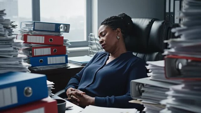 Exhausted African American businesswoman sleeping at her desk surrounded by piles of paperwork for workplace burnout concept and overwhelming workload