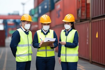 Logistics workers in safety vests and face masks discussing a manifest at a shipping container port, ensuring efficient global freight
