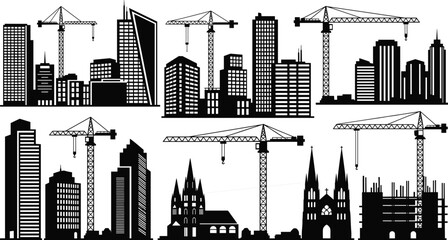 City skyline construction silhouettes with tower cranes and buildings, urban development scenes, architecture and infrastructure growth concept, black vector illustration isolated