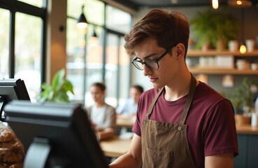 Young man in glasses working at a restaurant cash register. Male cashier wearing apron at work. He is looking at the computer screen. Customer service is important at the eatery.