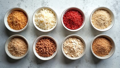 Grains assortment on table. Bowls contain rice quinoa bulgur oats. Various whole grains offer dietary fiber, vegetarian options, healthy nutrition. Balanced carbs good for dietary management concept.