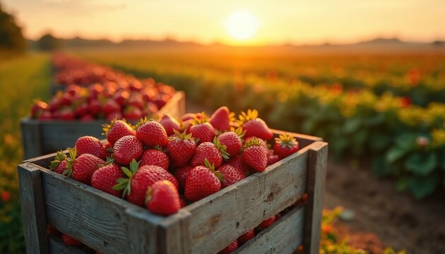 Fresh red strawberries fill wooden crates on farm at sunset. Ripe berries await sale after gathering on plantation field. Farming concept with delicious natural nutrition product in summer season.