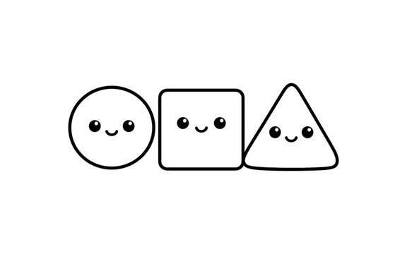 Cute cartoon circle, square, and triangle characters smiling together on a white background