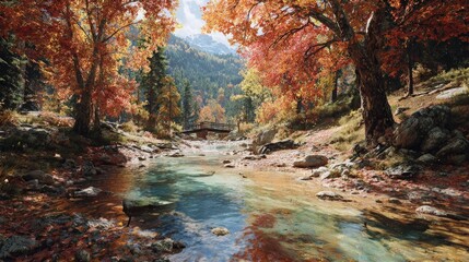 Autumn Forest Stream With Colorful Leaves