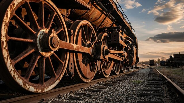 Old train, old rusty steam engine standing in abandoned train yard at dusk