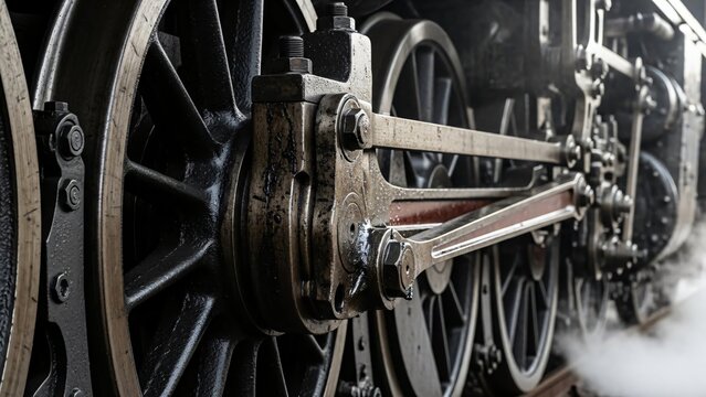 Old train, Close up macro detailed shot of steam locomotive wheel assembly and connecting rods