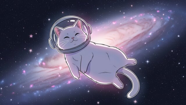 Peaceful light gray cat in a minimalist astronaut helmet, floating serenely on its back against a pastel spiral galaxy.
