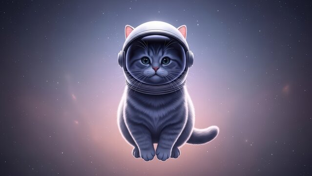 Charming chubby gray cat wearing a simple astronaut helmet, sitting calmly against a soft, ethereal pastel background.