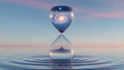 A cosmic hourglass containing a galaxy rests on the surface of water at sunset