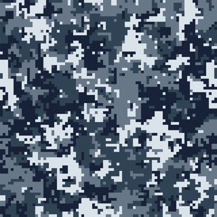 Fototapeta premium Abstract digital camouflage pattern in shades of blue and gray. Perfect for backgrounds, textiles, or militarythemed designs. Evokes feelings of concealment, strategy, and modern technology.