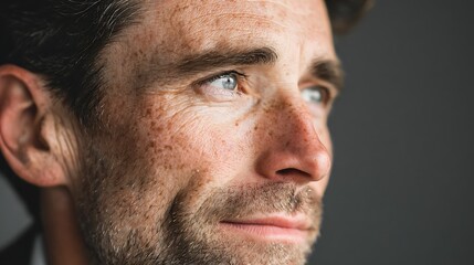 Obraz premium Portrait of an adult in a thoughtful decision-making moment, subtle facial expression, eyes looking away, soft cinematic lighting, neutral background, realistic skin texture and imperfections