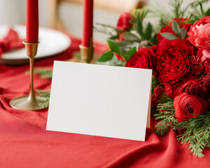 Blank place card mockup set on red tablecloth with roses and gold candlesticks