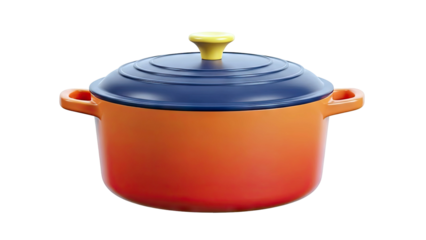 Orange and Blue Dutch Oven with Yellow Knob