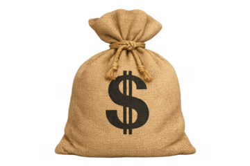 Burlap money bag showing dollar sign, symbolizing wealth, finance, savings, investment, and profitable business success