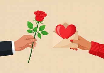 Romantic gesture with rose and heart