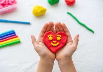 Hands holding a heart shaped playdough with a smiley face