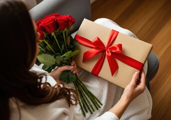 Woman holding a gift and bouquet of roses