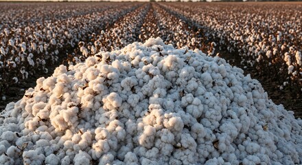 A large pile of freshly harvested white cotton sits in the foreground, with an expansive agricultural field of cotton plants stretching into the distance under warm, soft light, symbolizing abundance.