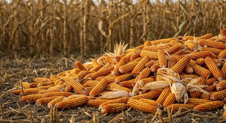 A large pile of freshly harvested golden corn cobs lies on dry ground in a sunny field with blurred stalks, symbolizing a bountiful autumn harvest and agricultural prosperity.