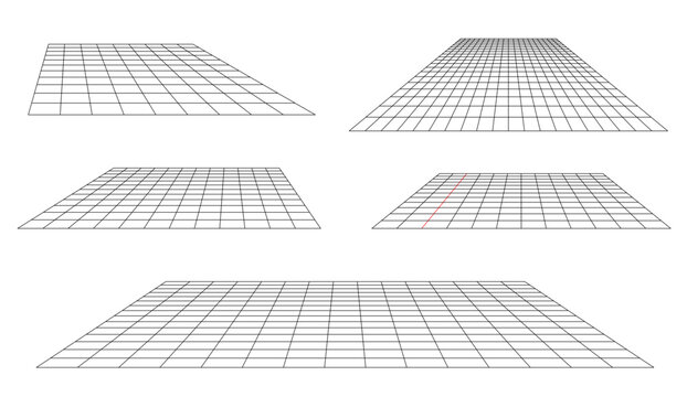 floor with grid lines in perspective, set of five designs. black lines on white background. vector illustration. SVG file available only on Adobe Stock.