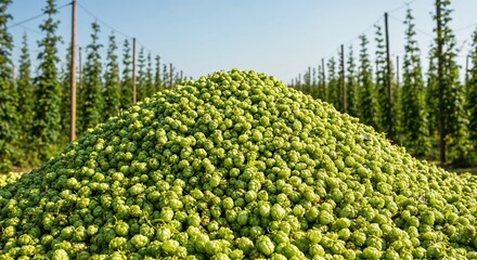 A large, freshly harvested pile of green hop cones sits in the foreground of a sunny hop field, symbolizing abundance and the brewing process.