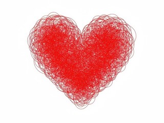 A red heart made of scribbles on a white background