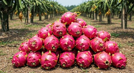 A large pile of fresh, vibrant magenta dragon fruit is stacked on the ground in a sunny outdoor plantation, symbolizing abundant harvest and healthy exotic produce.