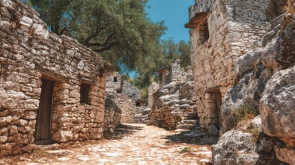 Ancient Settlement With Low Stone Buildings and Dusty Path Under Open Sky Revealing a Rich History and Forgotten Stories From the Past