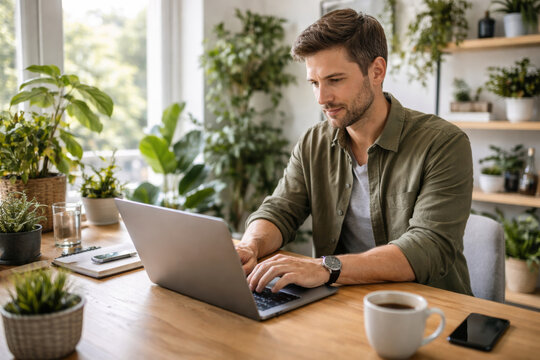Young man working on laptop surrounded by indoor plants - Powered by Adobe