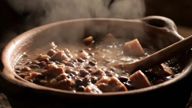 Close-up of traditional Brazilian feijoada simmering in a clay pot.