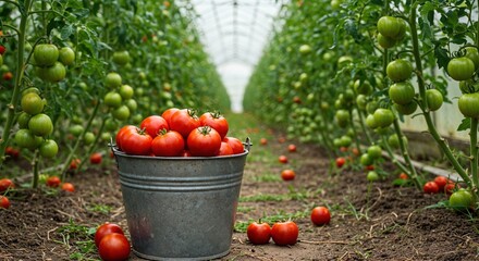 A rustic galvanized bucket, brimming with vibrant red ripe tomatoes, rests on the fertile soil inside a large greenhouse, symbolizing a bountiful organic harvest.