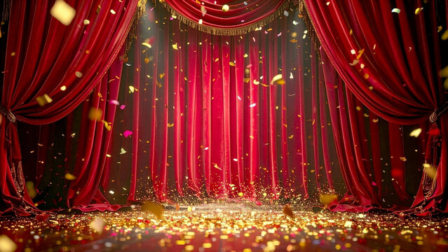 勝利と変革を象徴する、ざらついた質感の赤いビロード幕が印象的なステージです。スポットライトの下で舞う紙吹雪が、達成の喜びをじんわりと際立たせ、ドラマチックな式典や表彰のシーンに力強い希望を添えます。