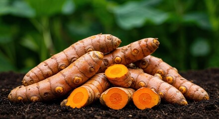 Fresh turmeric roots, some sliced open to reveal vibrant orange flesh, are piled on dark rich soil with blurred green foliage in the background, symbolizing natural health.