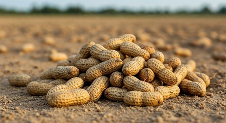 A large pile of freshly harvested peanuts in their shells rests on dry brown soil in an agricultural field under warm golden hour sunlight, symbolizing a bountiful harvest.